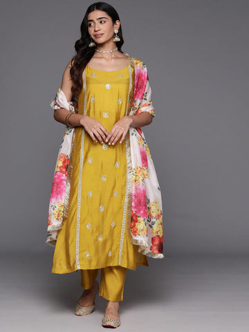 Mustard Embroidered Straight Kurta Paired With Tonal Bottom And Contrast Dupatta